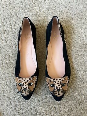 kate spade Black Suede Pointed Flats with Leopard Face Appliqué